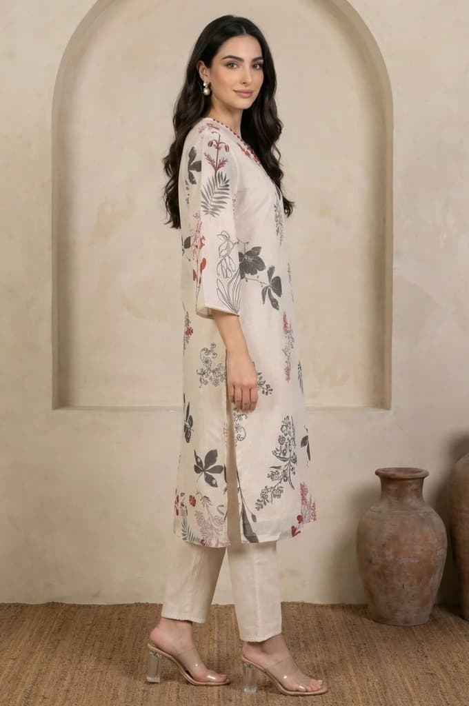 Cream Floral Printed Lace Chiffon Straight Kurta — photo 5