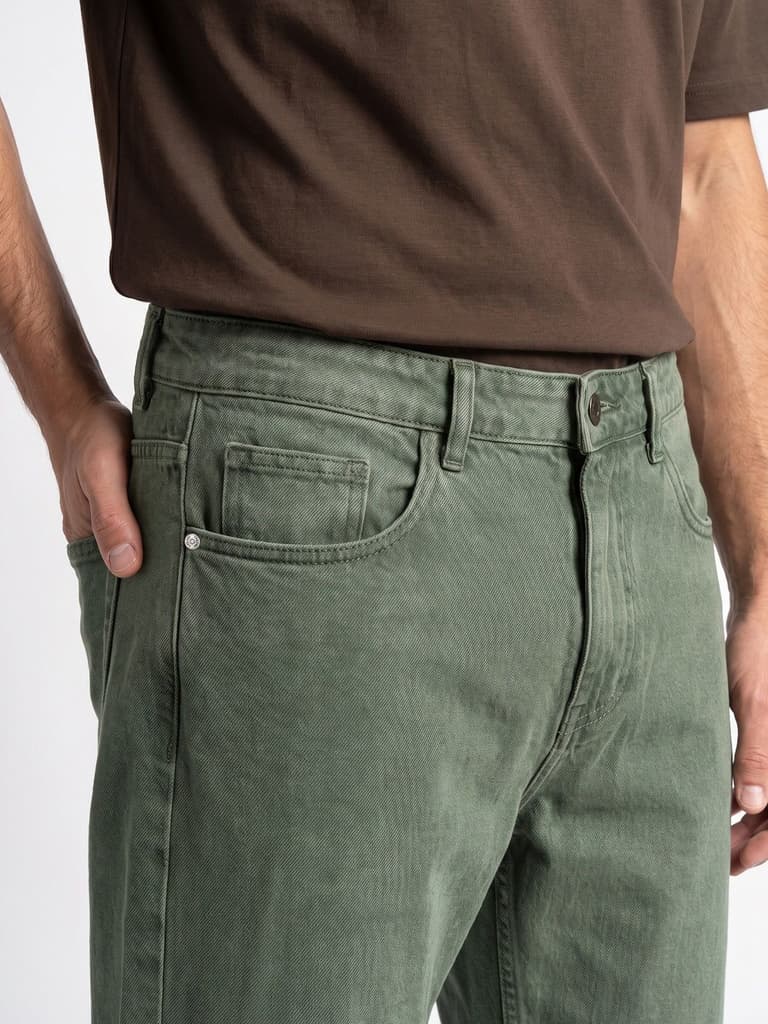 Men's Olive Relaxed Fit Washed Denim Jeans Non-Stretchable — photo 5