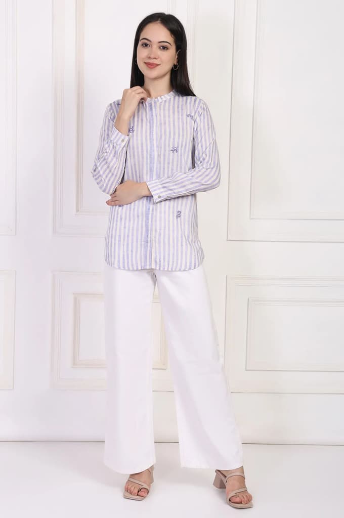 White Striped Printed Thread Embroidered Straight Top — XS