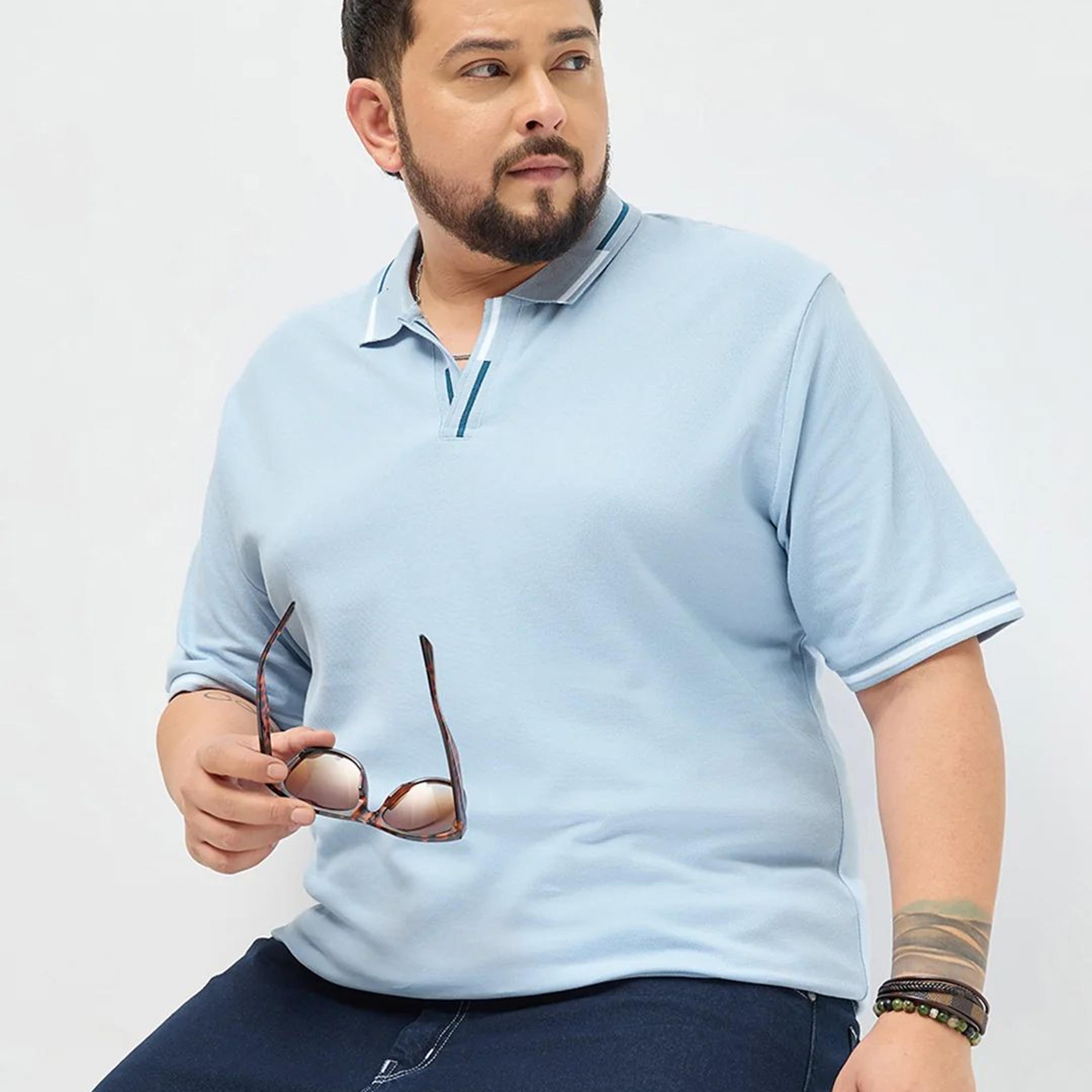Plus Men's Light Sky Blue Solid Regular Fit Half Sleeve Cotton Polo T-Shirt