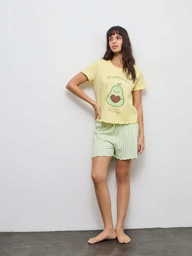 Wunderlove Yellow Printed Cotton T-Shirt and Shorts Set — photo 2