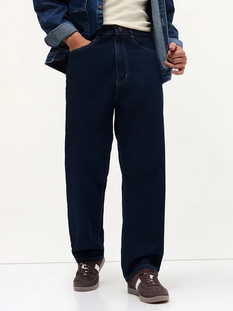 Men's Dark Blue Loose Baggy Fit Raw Washed Denim Jeans Non-Stretchable — photo 2