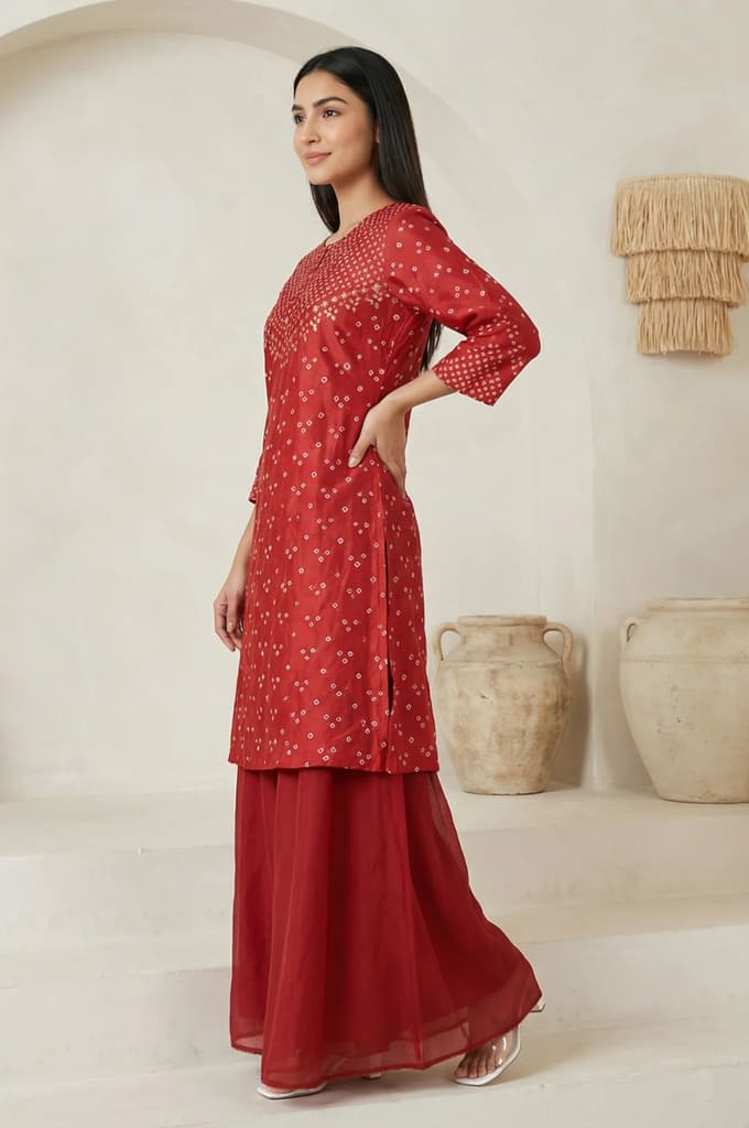 Red Bandhni Mirror Work Silk Blend Straight Kurta with Pant and Dupatta Set — photo 5