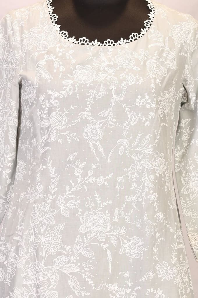Grey Floral Printed Pure Cotton A-line Kurta with Lace — photo 2