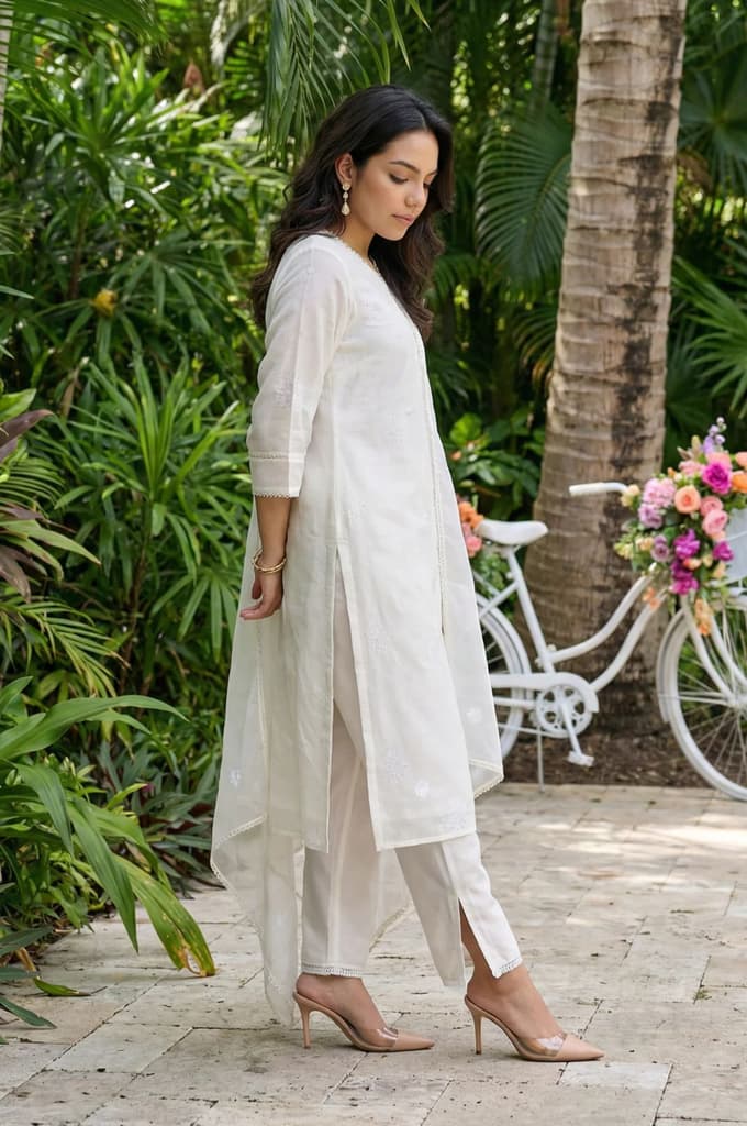 Off White Thread Embroidered Chanderi Straight Kurta with Straight Pants and Organza Dupatta Set — photo 6