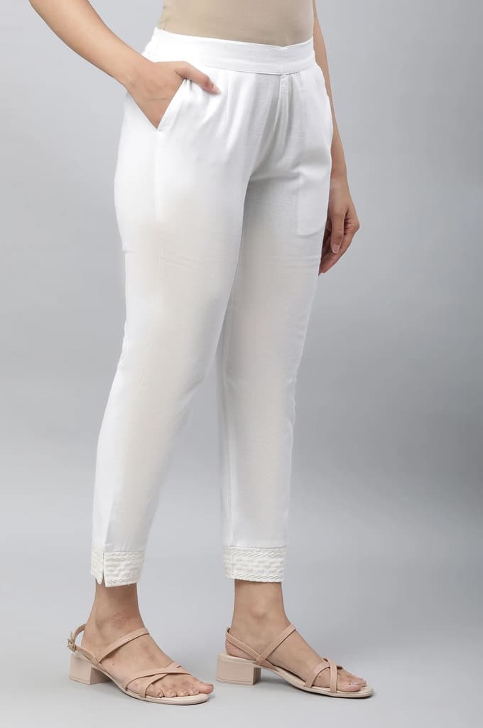 White Solid Straight Fit Cotton Trousers With Embroidered Hemline — photo 4