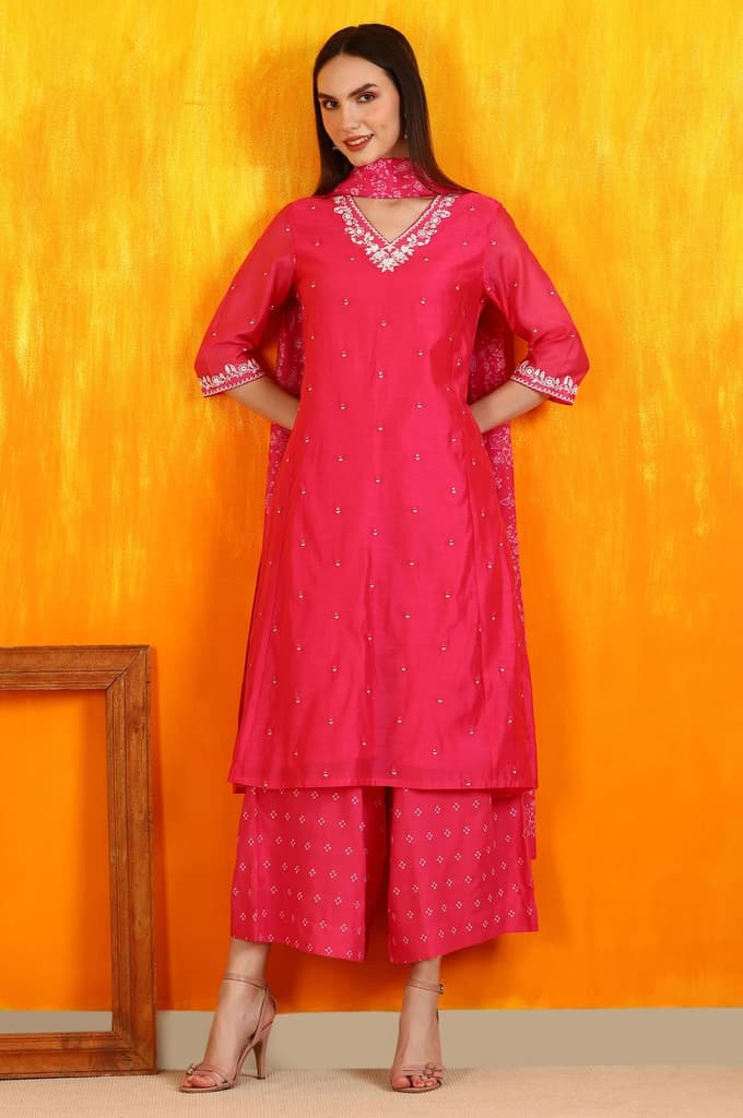 Pink Embroidered Chanderi Panelled Kurta, Cropped Pants and Dupatta Set — photo 2