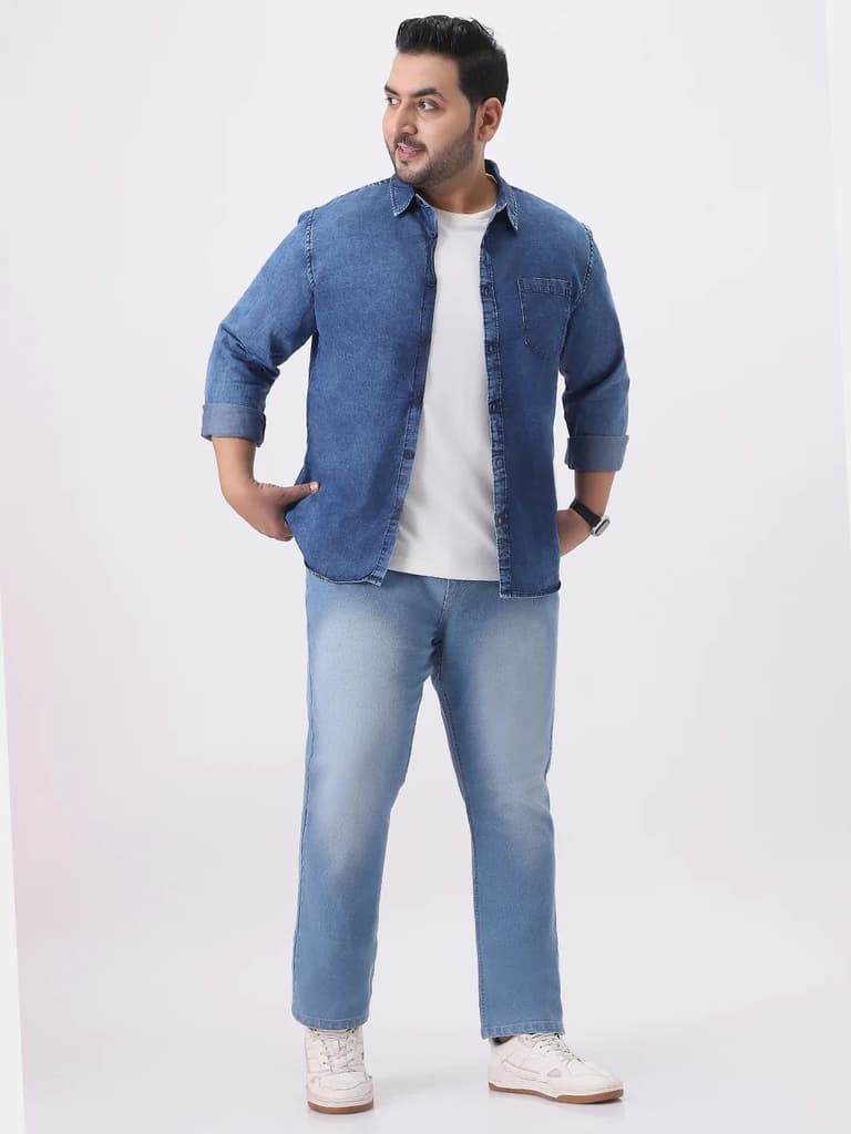 Plus Men's Blue Regular Fit Full Sleeve Washed Denim Shirt — photo 4
