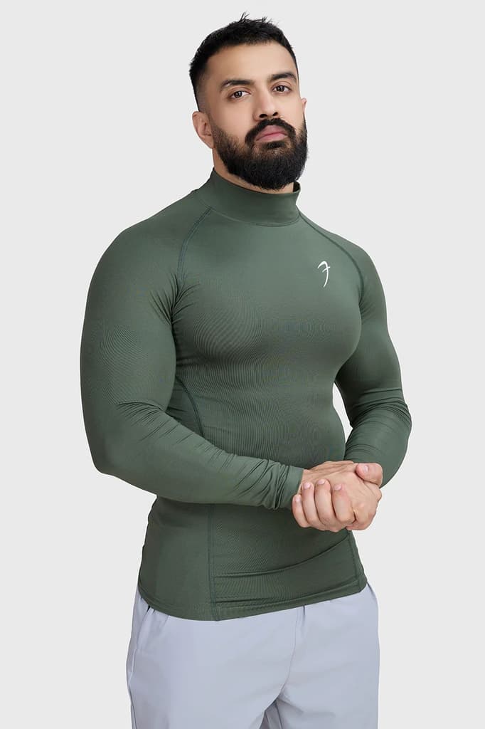 High Neck Compression Full Sleeves T-shirt Olive — photo 2