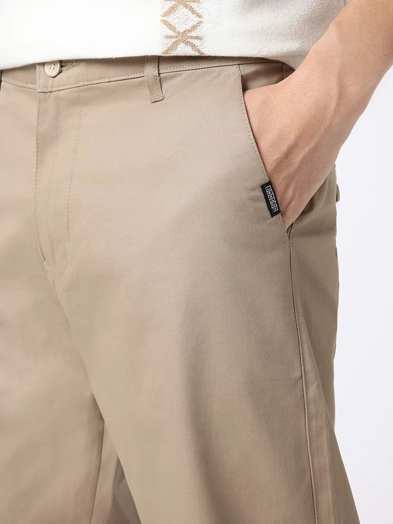 Men's Taupe Brown Cotton Regular Fit Casual Chinos Trousers Stretch — photo 6