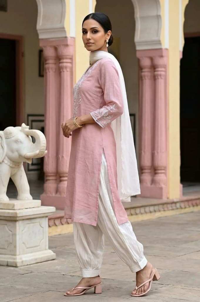 Rose Pink Zari Embroidered Cotton Blend Straight Kurta with Salwar and Dupatta Set — photo 4