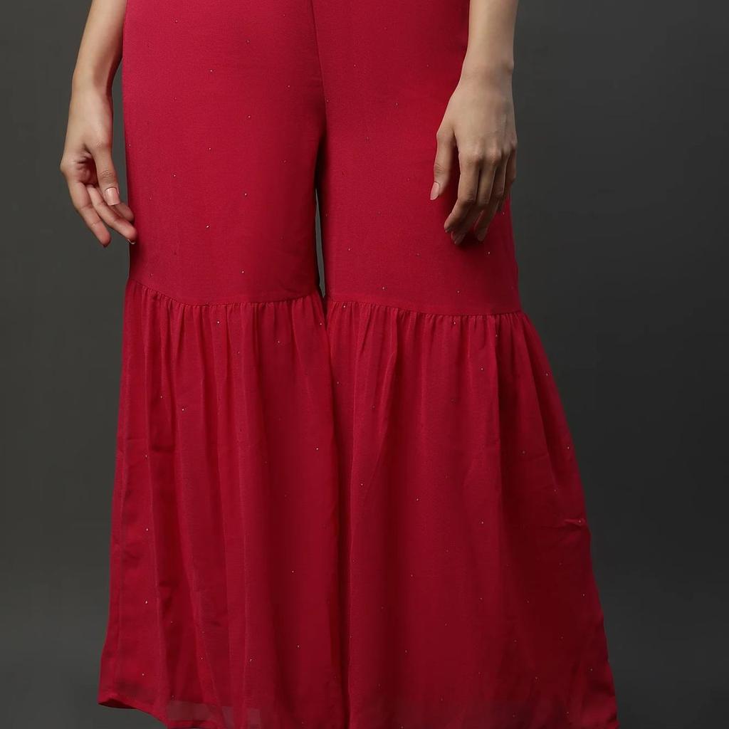 Pink Polka Dots Printed Flared Georgette Sharara With Elasticated Waist