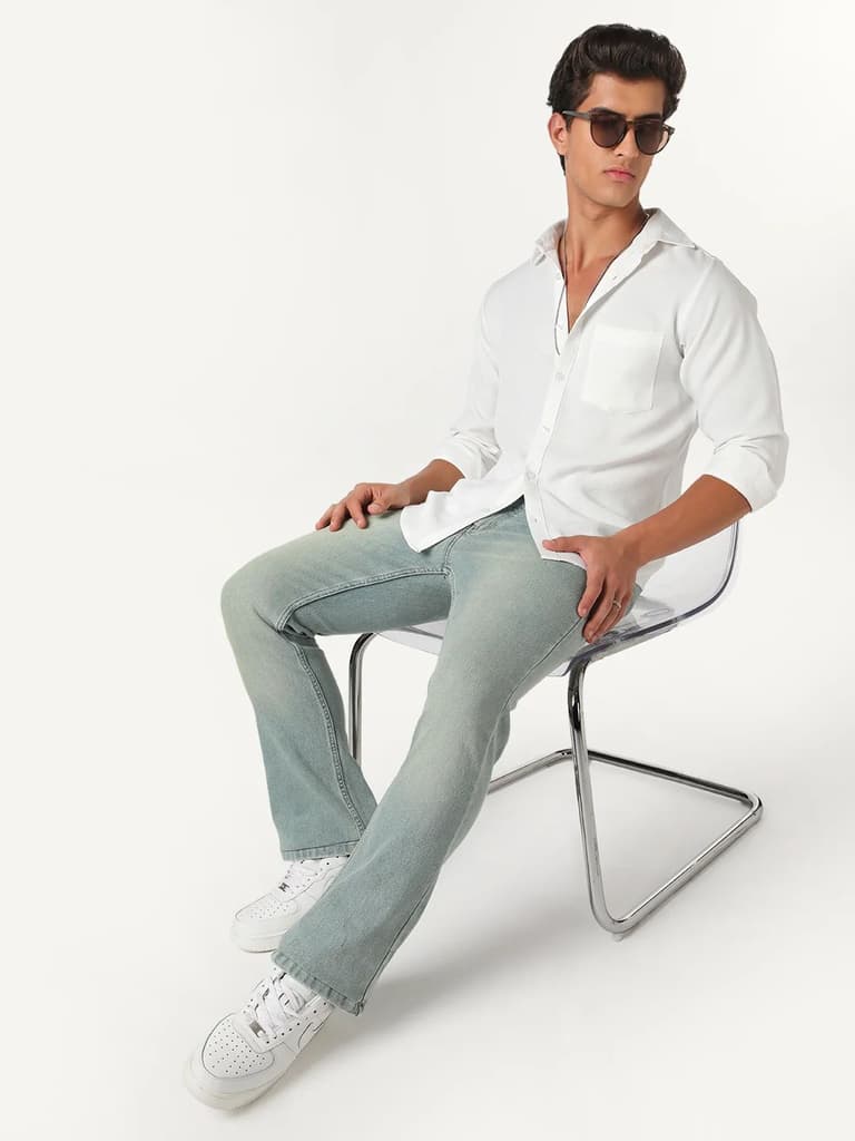 Men's Ice Blue Bootcut Fit Mid Rise Tinted Heavy Washed Jeans Stretchable — photo 4