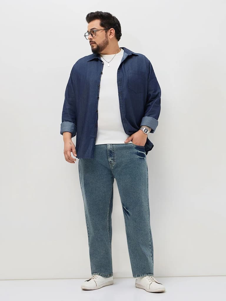 Plus Men's Ice Blue Regular Fit Acid Washed Denim Jeans Stretchable — photo 4