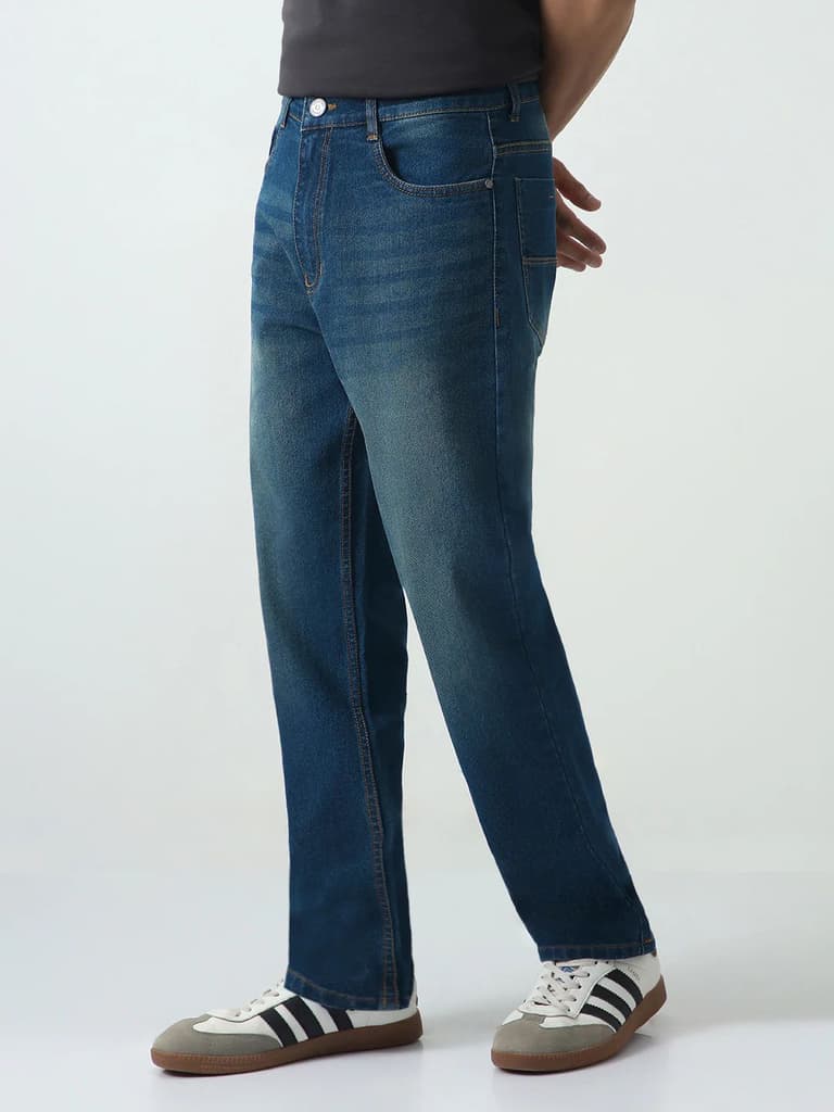 Men's Blue Straight Fit Heavy Washed Jeans Stretchable — photo 2
