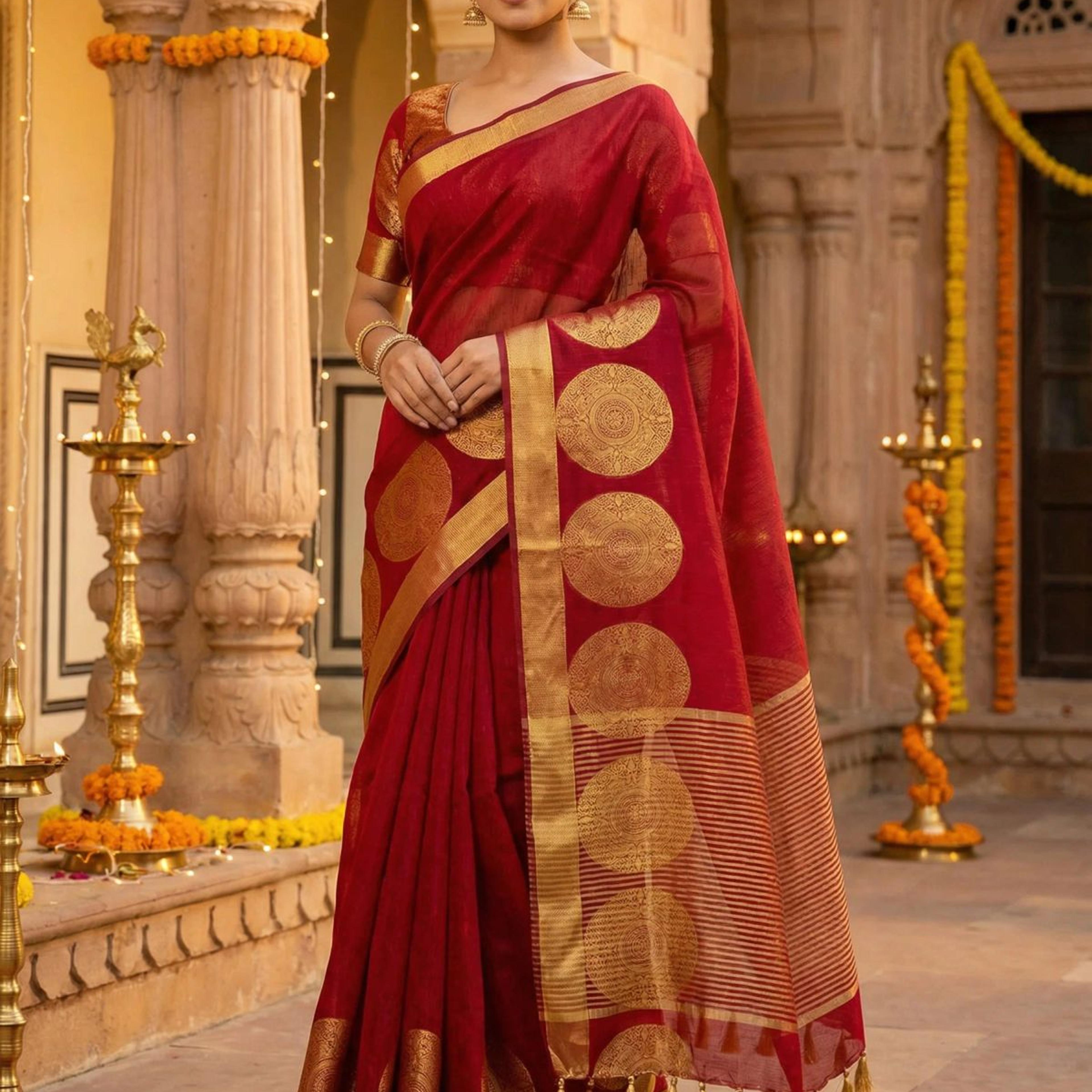 MIMOSA Women's Woven Design Kanjivaram Style Art Silk Saree with Blouse Piece - Maroon ( SA00003148MRFREE )