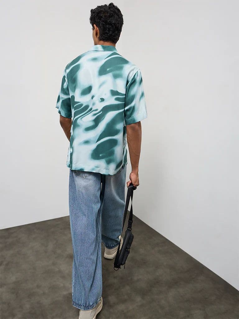 Nuon Teal Abstract Printed Relaxed-Fit Cotton Shirt — photo 4