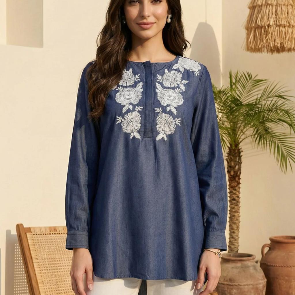 Blue Yarn Dyed Embroidered Tencel Straight Tunic