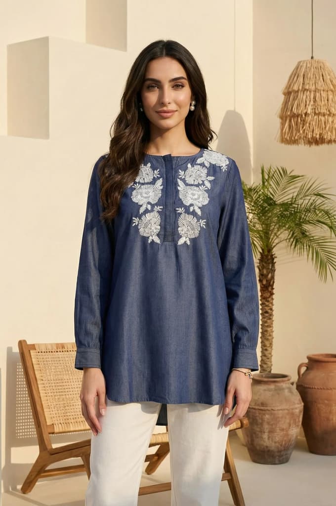 Blue Yarn Dyed Embroidered Tencel Straight Tunic — XS