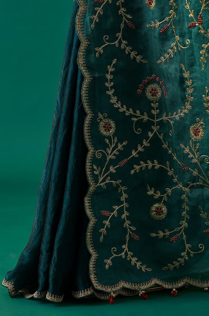 Teal Floral Embroidered Zari Work Tissue Satin Saree with Unstitched Blouse — photo 5