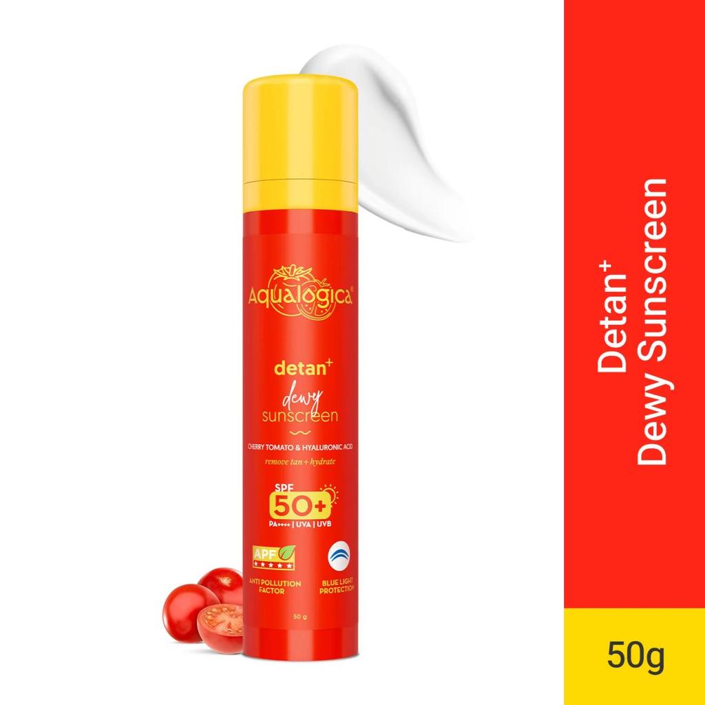 Detan+ Dewy Sunscreen In-Vivo Tested SPF 50+ PA++++ with Cherry Tomato & HA - 50 g