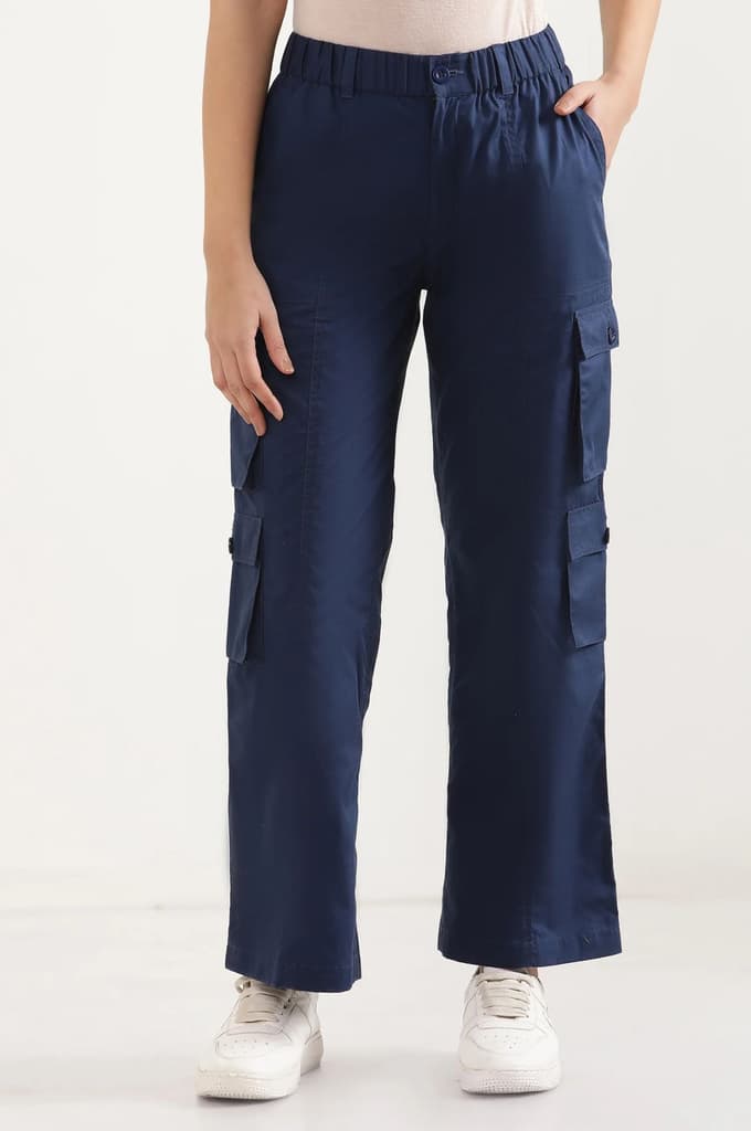 Navy Blue Solid Straight Fit Cotton Cargo Pants With Elasticated Waist — photo 3