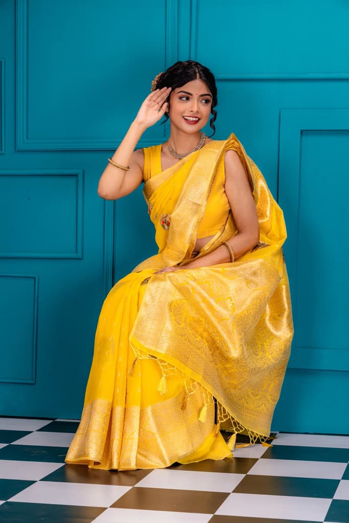 Mimosa Women's Woven Design Banarasi Style Art Silk Saree With Blouse Piece : SA00001771GDFREE — photo 4