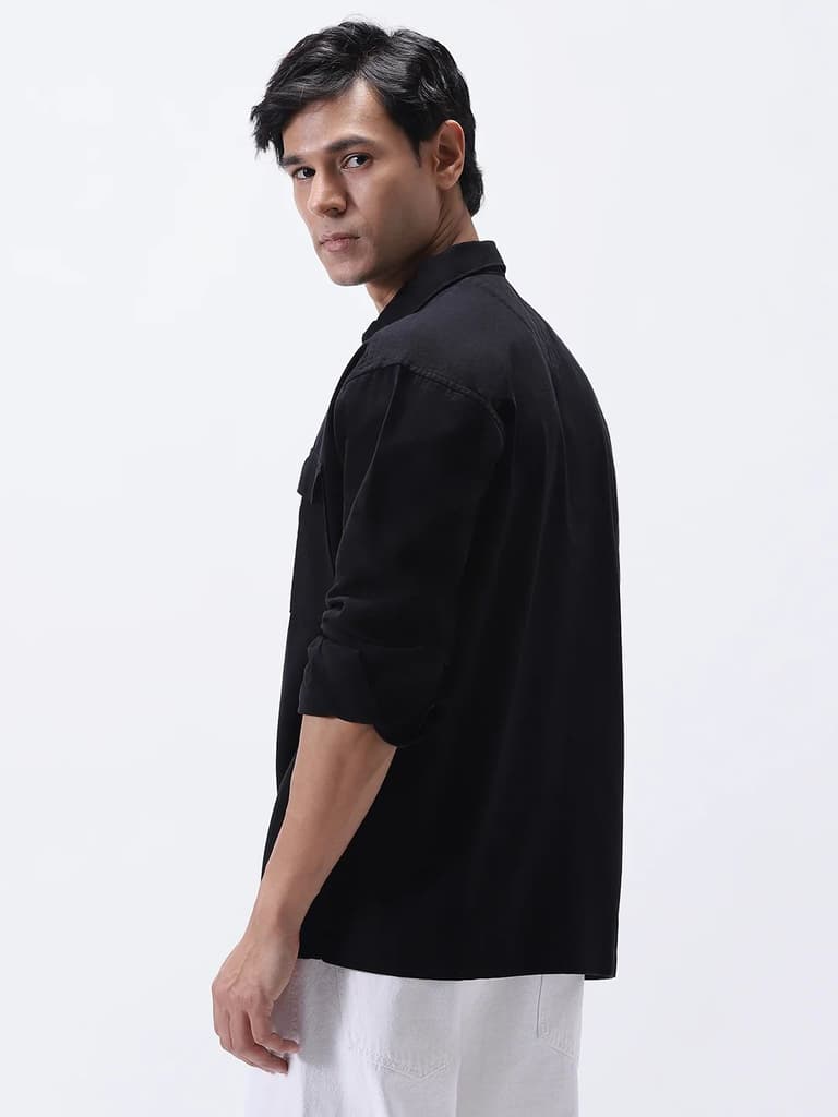 Men's Black Cotton Full Sleeve Relaxed Fit Shacket with Utility Pockets — photo 3