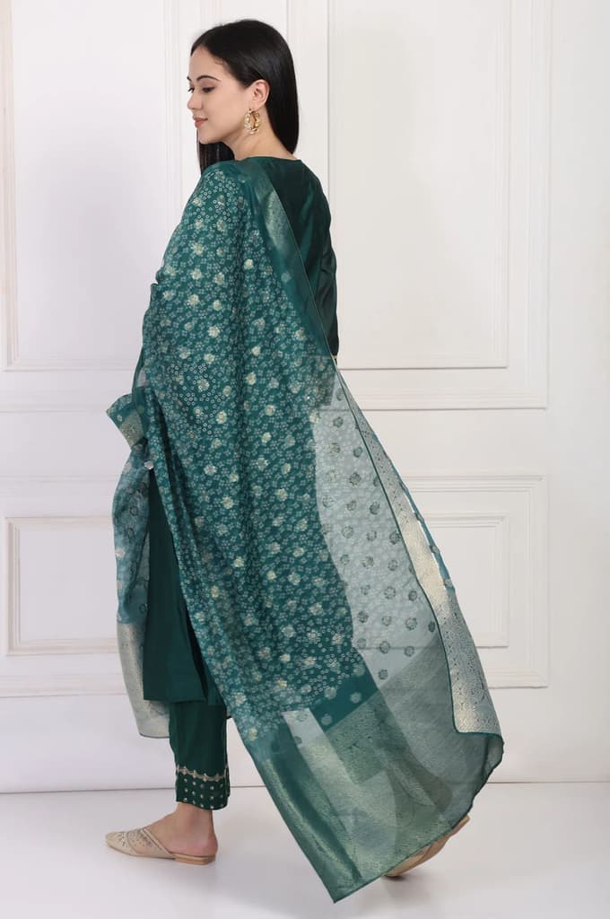 Green Embroidered A-Line Silk Kurta with Straight Pant and Dupatta Set — photo 5