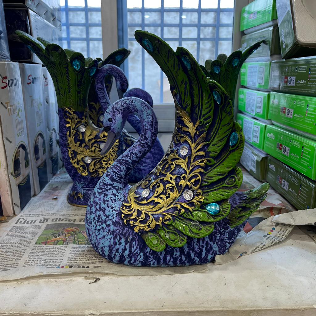 Swan Statue | Decorative | Ceramic | Purple and Green