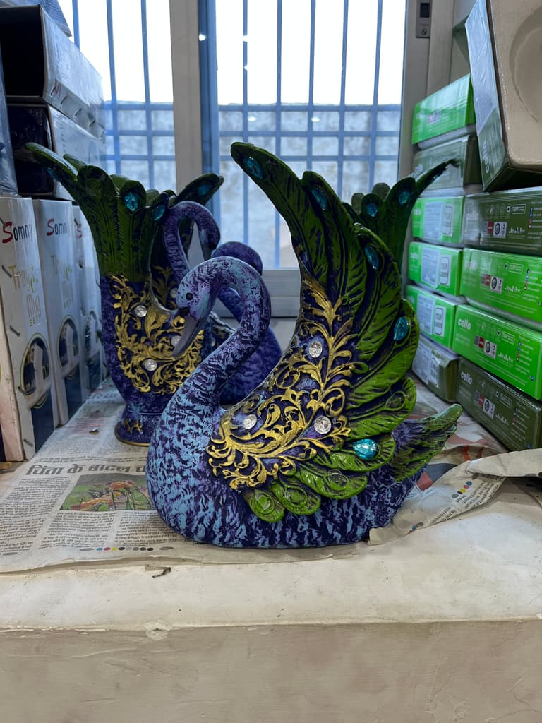 Swan Statue | Decorative | Ceramic | Purple and Green