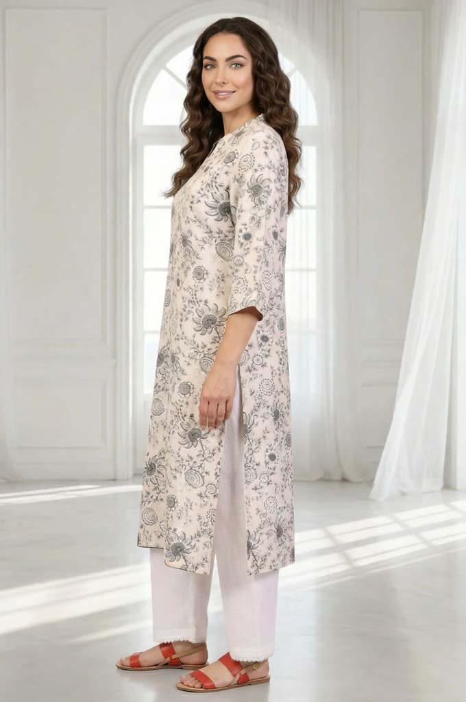 Off-White Floral Printed Straight Kurta — photo 3