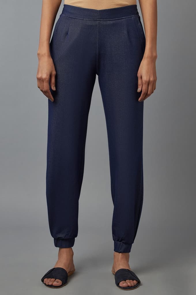 Navy Blue Solid Tapered Cotton Pants With Pleated Detail