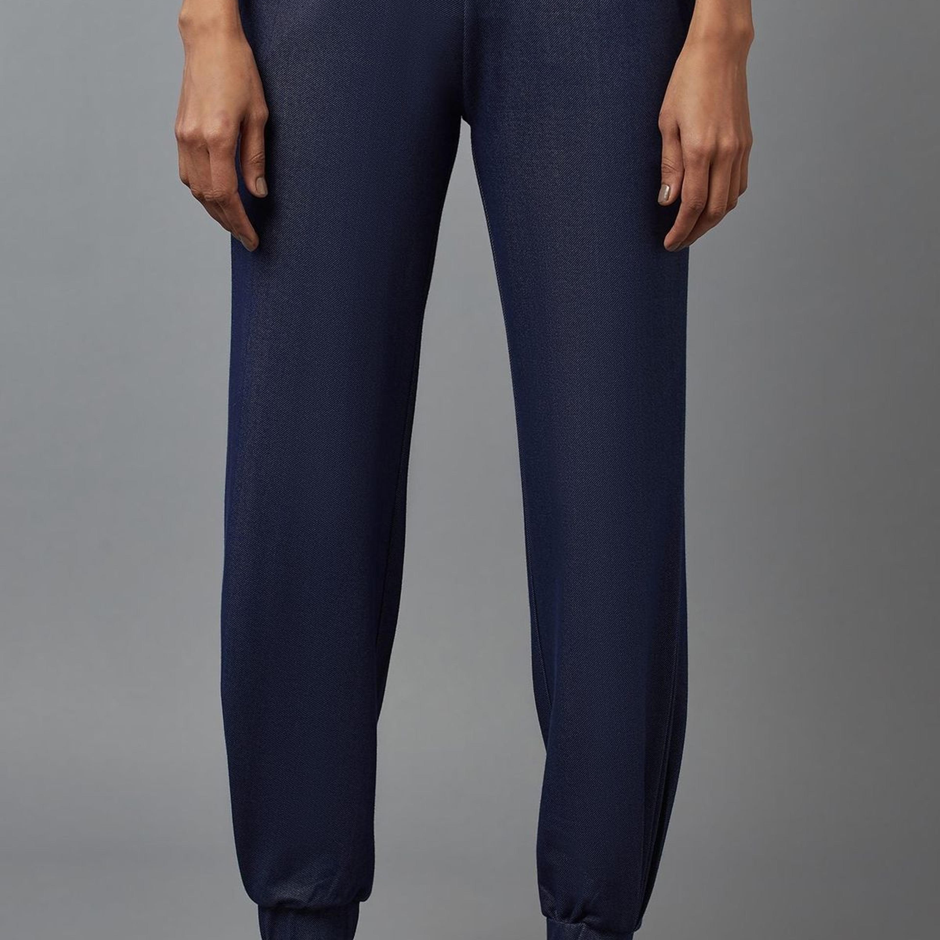 Navy Blue Solid Tapered Cotton Pants With Pleated Detail