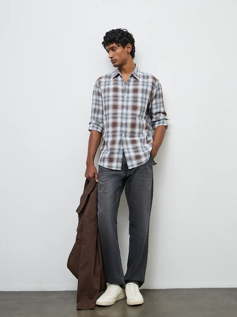 WES Casuals Brown Checkered Relaxed-Fit Cotton-Blend Shirt — photo 2