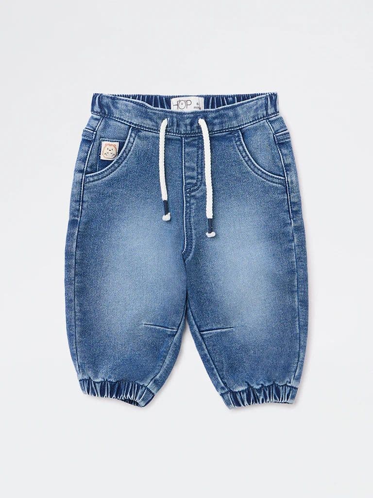 HOP Baby Boys Dark Blue Faded Mid-Rise Denim Joggers — photo 2