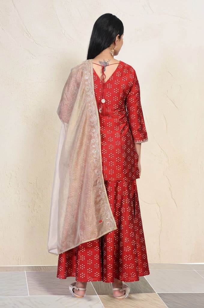 Red Embroidered Straight Art Silk Kurta with Sharara and Dupatta Set — photo 5