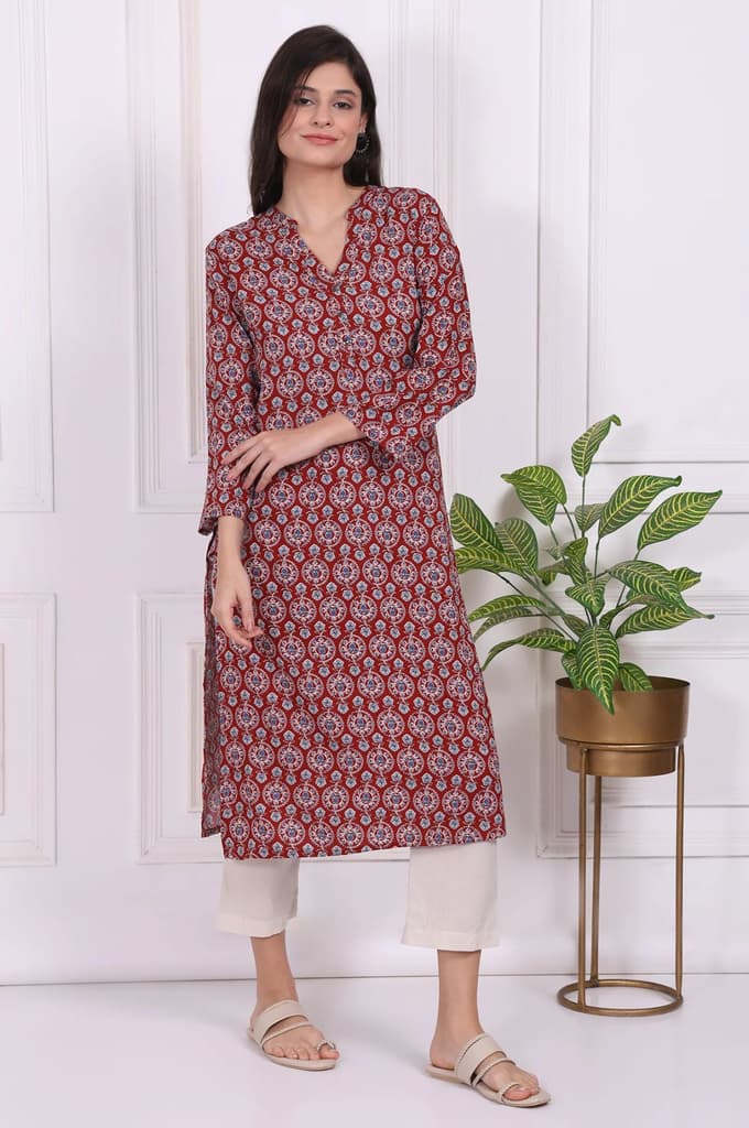 Red Floral Printed Rayon Straight Kurta — photo 6