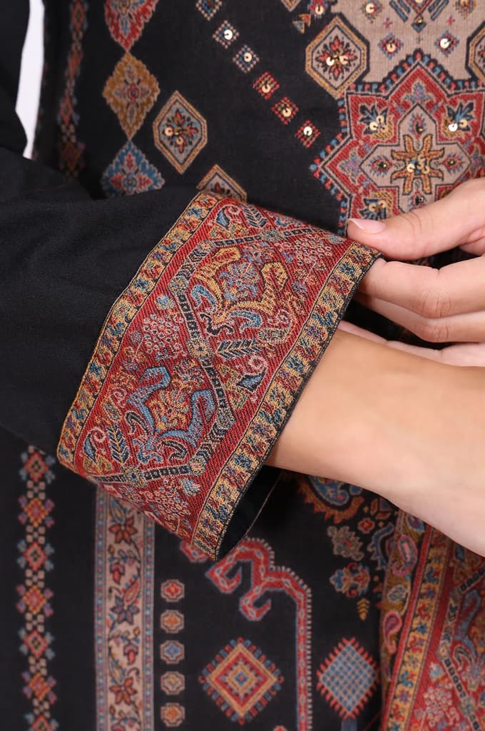 Black Ethnic Motifs Printed Straight Kurta, Pants and Shawl Set — photo 7