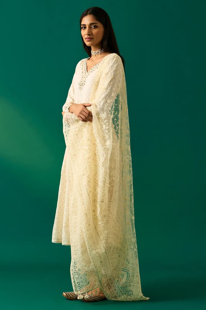 Off-White Embroidered Anarkali Cotton Kurta with Straight Pants and Dupatta Set — photo 3