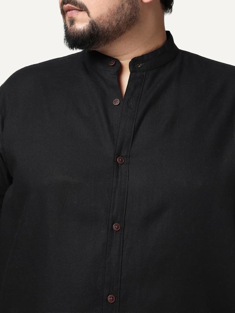Plus Men's Black Linen Blend Full Sleeve Relaxed Fit Mandarin Collar Casual Solid Shirt — photo 5