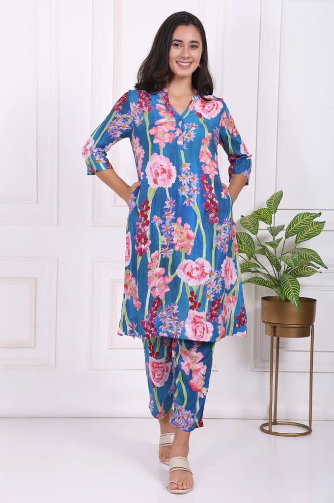 Blue Floral Printed Modal Straight Kurta — XS