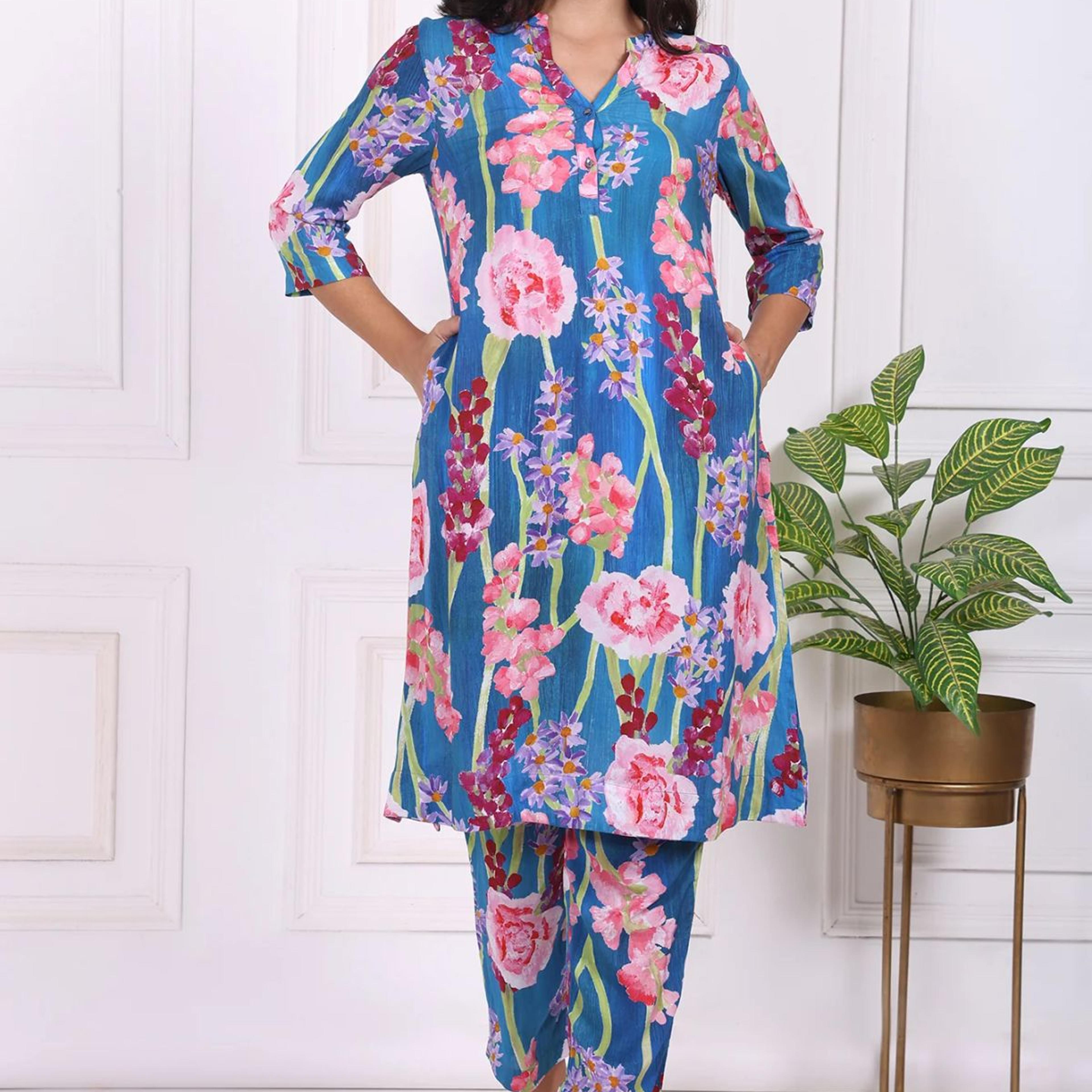 Blue Floral Printed Modal Straight Kurta