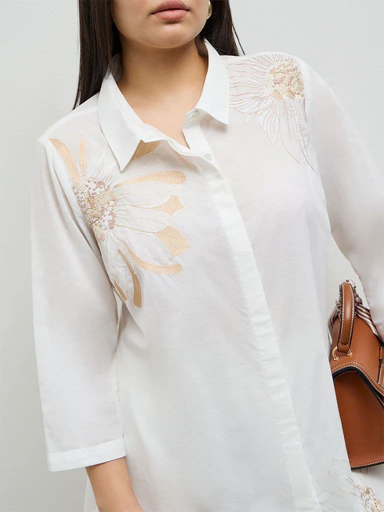 Diza White Floral Embroidered Cotton Tunic — photo 3