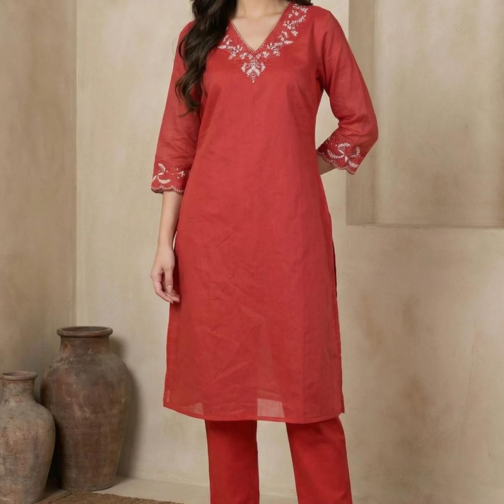Red Thread Embroidered Straight Chanderi Kurta
