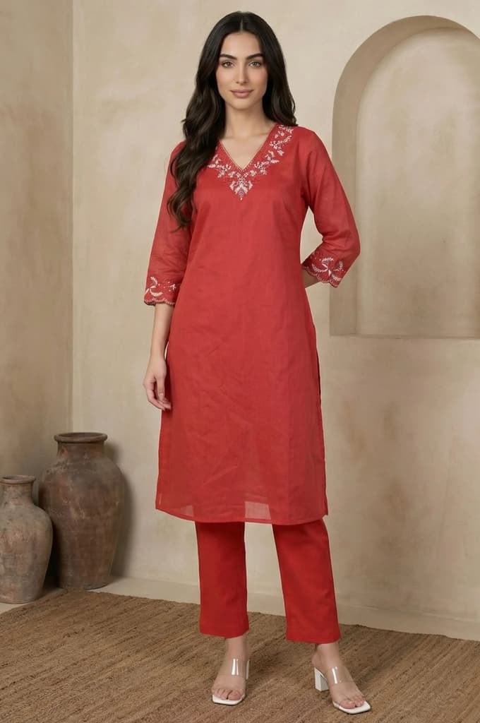 Red Thread Embroidered Straight Chanderi Kurta — XS