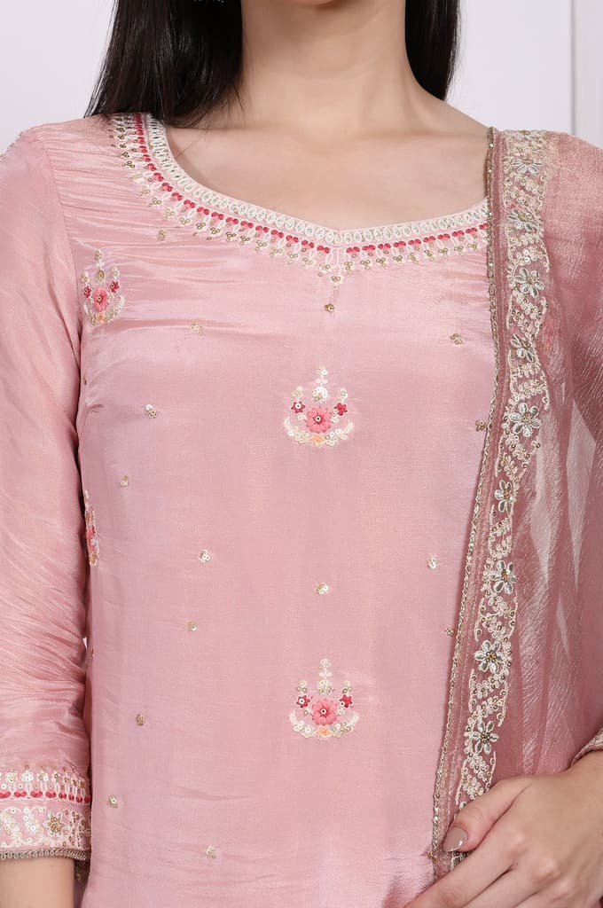 Pink Embroidered Straight Tissue Kurta with Culotte and Dupatta Set — photo 4