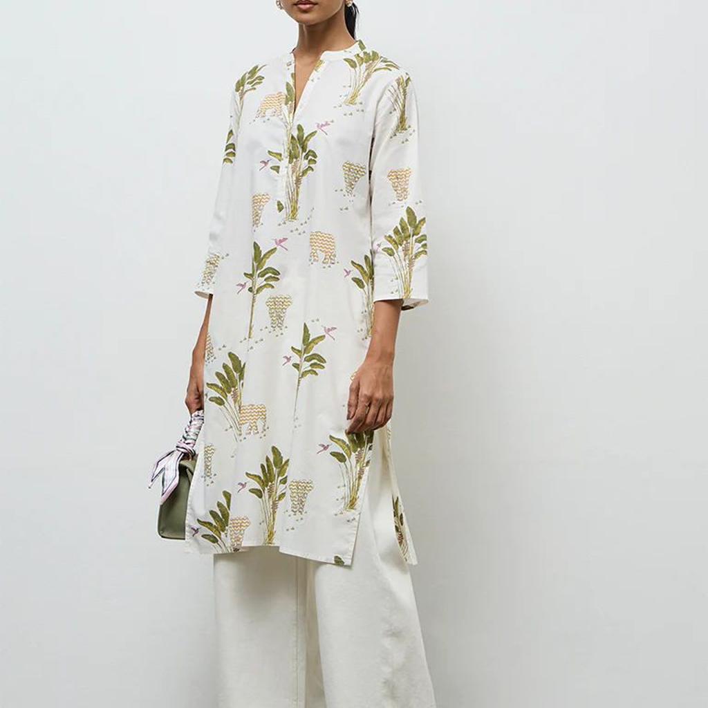 Utsa White Nature-Inspired Cotton Straight Kurta