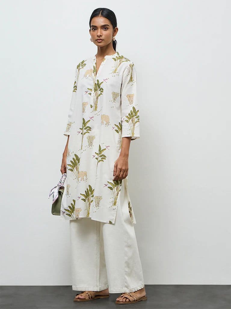 Utsa White Nature-Inspired Cotton Straight Kurta
