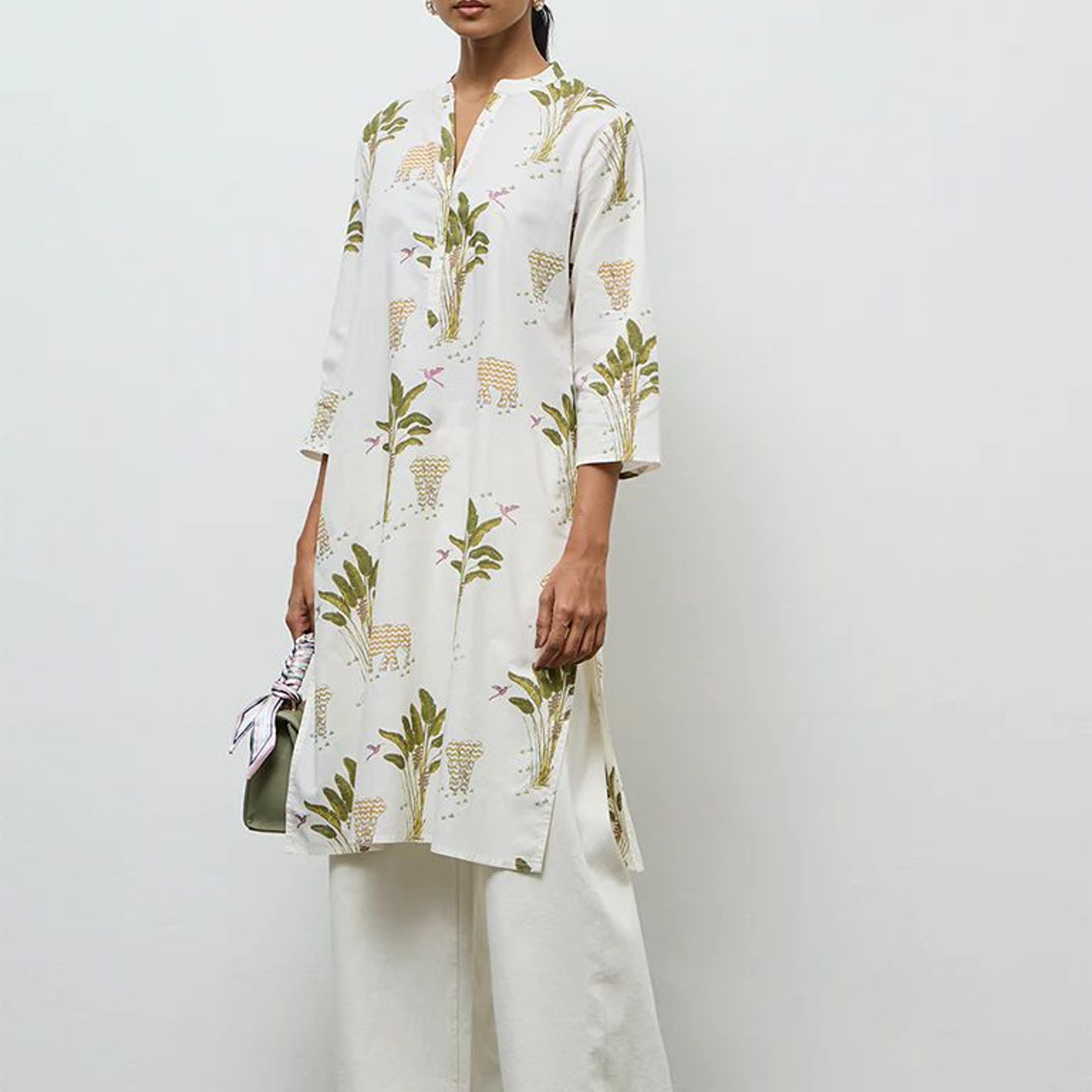 Utsa White Nature-Inspired Cotton Straight Kurta